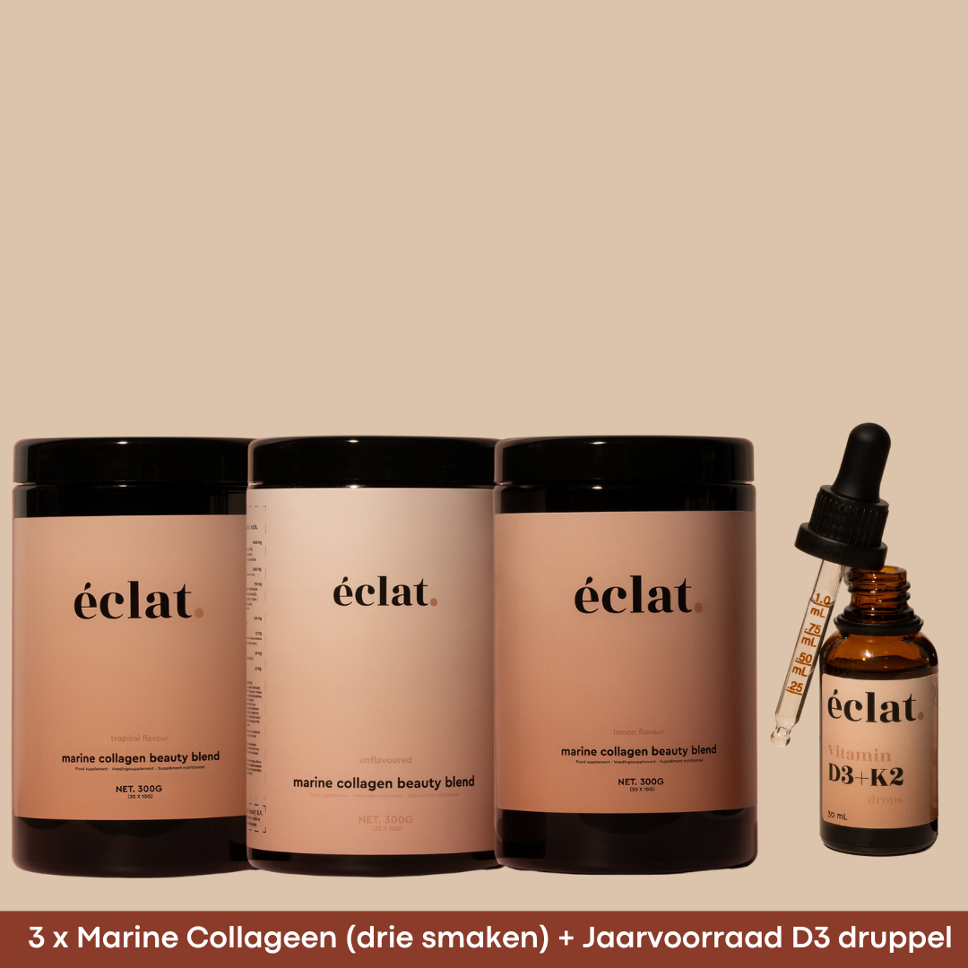 Speciale actie: 3 x Marine Collageen Potten (3 smaken) + GRATIS jaarvoorraad Vitamine D3 Druppels
