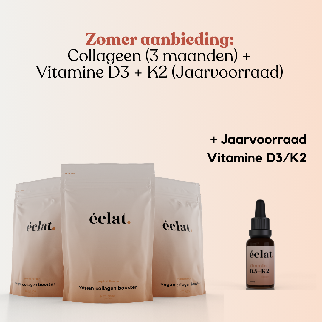 Missie Vitamine D aanbieding: Vegan Collageen (3x) + Jaarvoorraad Vitamine D3 + K2 Druppels (30ml)