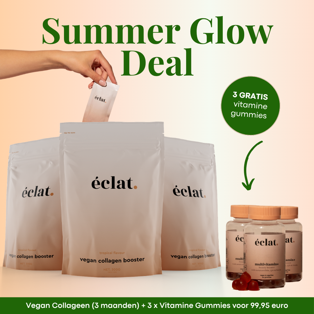 Summer Glow Deal Vegan Tropical Sachets: Vegan Collageen Booster (3x) + Vitamine Gummies (3x)